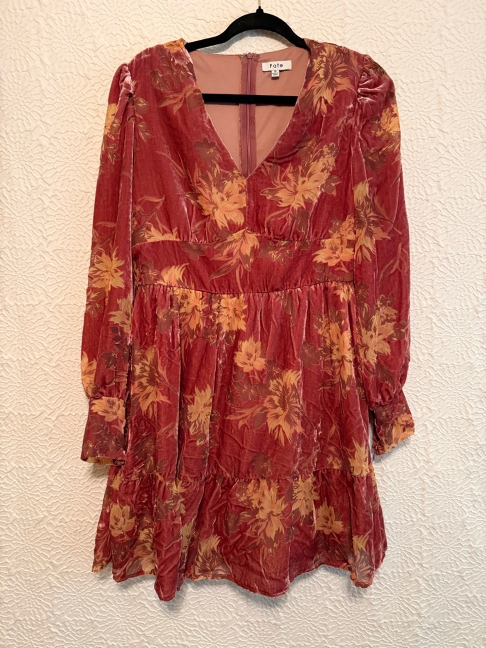 Fate Rose Rust Floral Burnout Velvet Long Sleeve Dress